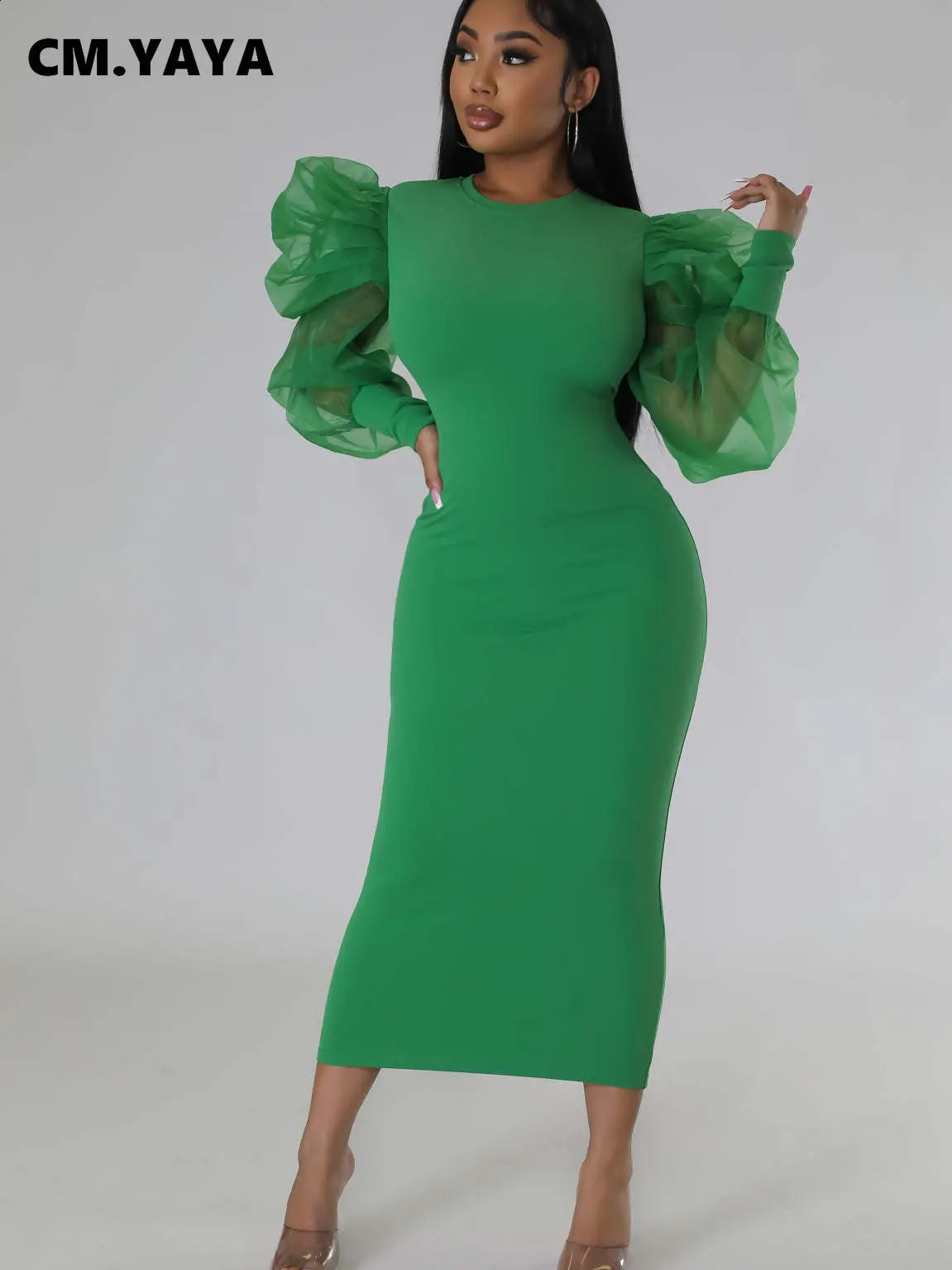 CM.YAYA Women Mesh Puff Long Sleeve O-neck Bodycon Midi Maxi Long Dress Vestidos Vintage Club Evening Sexy Party Dresses 240819