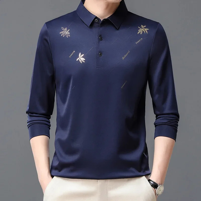 Spring and Autumn Long Sleeve Tees Man Business Casual Polo Shirts for Men Lapel Printed T-shirt Fashion Polos Para Hombre 240820