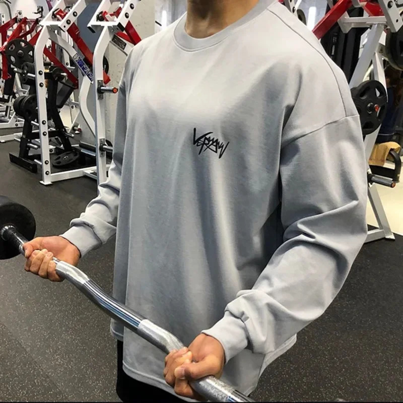 Mens Gym Fitness T-shirt O-Neck Loose Bodybuilding Long Sleeve Top Running Sports Sweatshirts Workout Pullovers Casual Clothing 240820