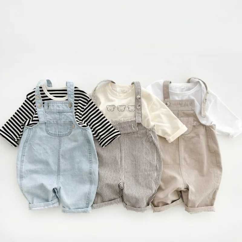 Baby denim covers boys and childrens solid casual sleeveless pendant jumpsuit baby cotton Trouser baby simple pants W240806