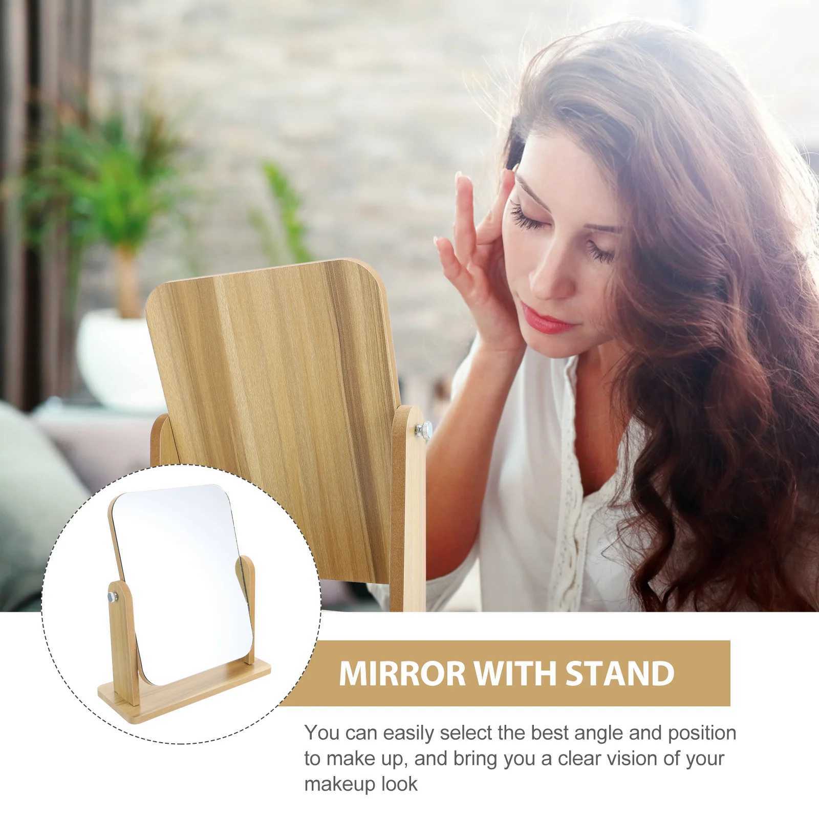 Desktop Vanity Mirror Swivel Square Natural Home Makeup with Stand Glass Wood Travel Dresser Y240819
