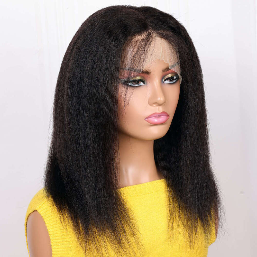 Soft Yaki Preplucked Middle Part Short Bob 16Inch 180Density Kinky Straight Synthetic Lace Front Wig With Baby Hair Glueless
