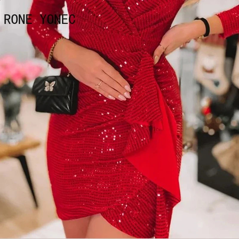 Women Solid Sexy V Neck Sequins Long Puff Sleeves Mini Bodycon Sexy Party Red Dresses 240819