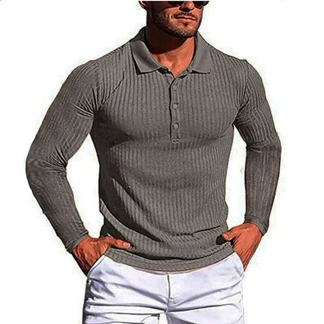 Mens Running Sports Long Sleeve POLO Shirt Slim Knit Bottoming Shirt 240820