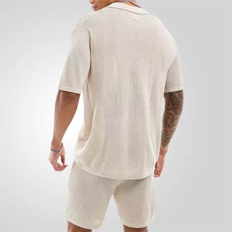 Fashion Men Knit Suits Polo Shirts Cardigan Shorts Two Piece Sets For Men Clothes Jacquard Print Casual Fashion Sweater Outfit 240819