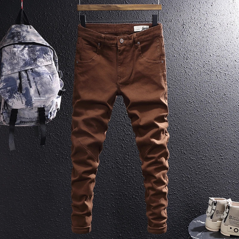n mens jeans khaki brown elastic slim fit stretch retro Korean simple casual Hombre 240819