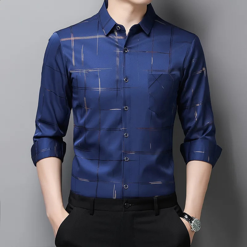 Argyle Mens Dress Shirts MaleHigh Quality Long Sleeve Slim BusinessCasual Shirt Turn Down Collar Stripes Single-preasted 240820