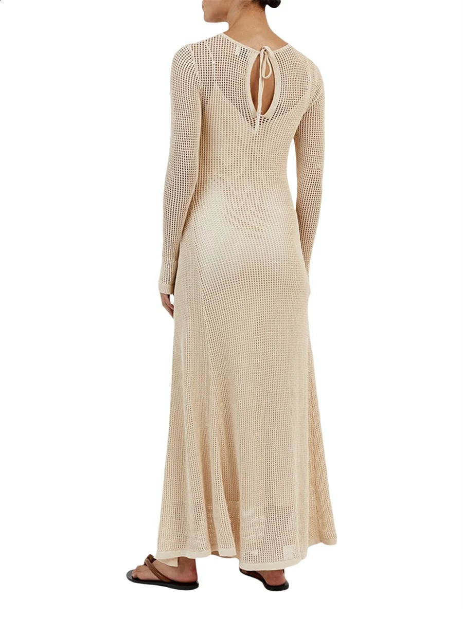 Women Sexy Beach See Through Maxi Dress Long Sleeve Hollow Crochet Knit Summer Coverups Bodycon Party Long Dress 240819
