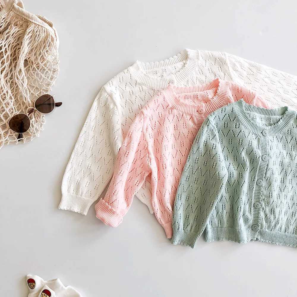 ins coat baby new sweet princess solid color cardigan sunscreen air-conditioned shirt long sleeve knitted hollow coat 3 colorsXJ240819