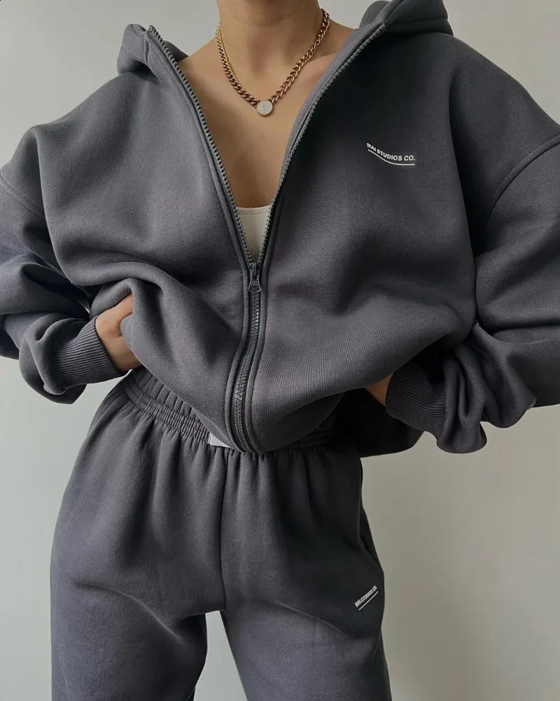 Spring Autumn Women Fashion Tracksuit Solid Color Sportswear 2 Pieces Hooded Sweatshirt Sets Oversized Pullover Shirts and Pants 240819