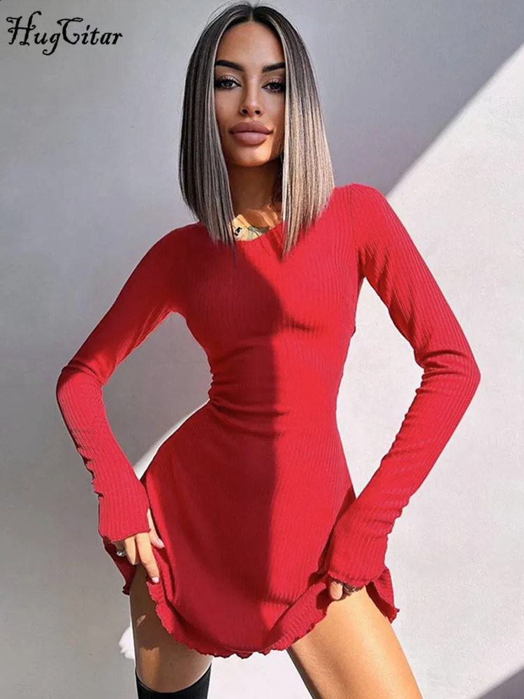 Hugcitar Ribbed Solid Long Sleeve Lace Up Ruffles Elegant Sexy Bodycon Mini Dress Spring Women Clothes Birthday Party 240819