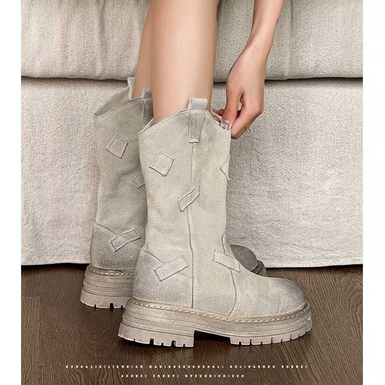 Vintage Style Women's Outdoor Mid-Calf Boots for Summer - Lightweight Short Martin Boots Brown Grey