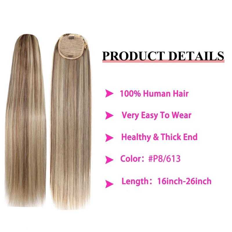 Blonde long ponytail p8/613 ponytail wig piece 100% human hair extension straight clip 16-26 inch ponytail W240817