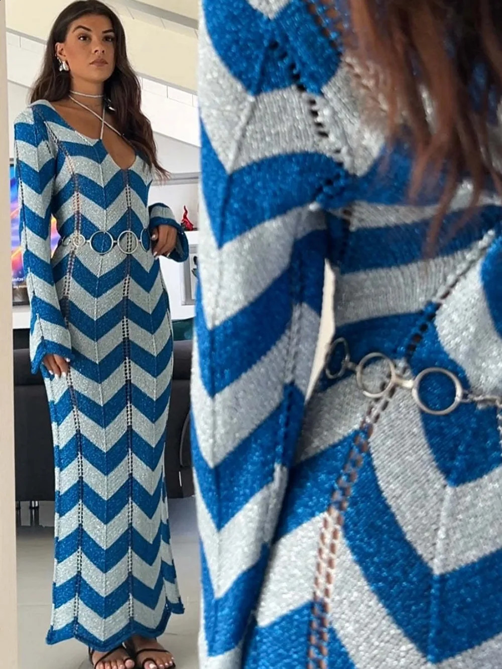 Elegant Striped Knit Maxi Dress Sexy Hollow Out Long Sleeve Holidays Beach Dress for Women Autumn Fashion Lace Up Party Dresses 240819