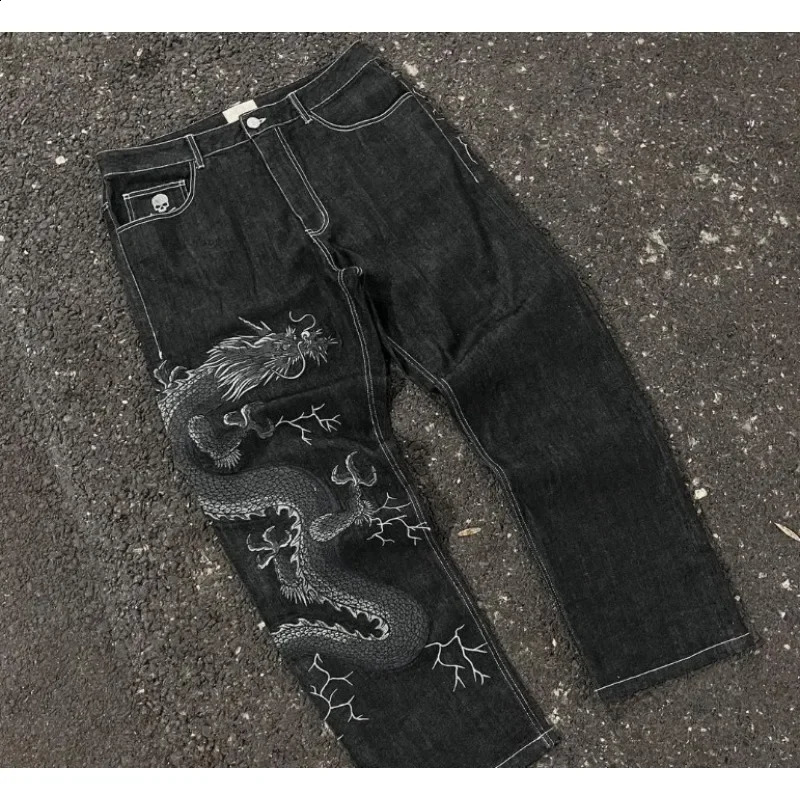 Denim Trousers Y2K Loose Personalized Print American High Street Jeans High Waist Street Wear Washed Trousers 240819