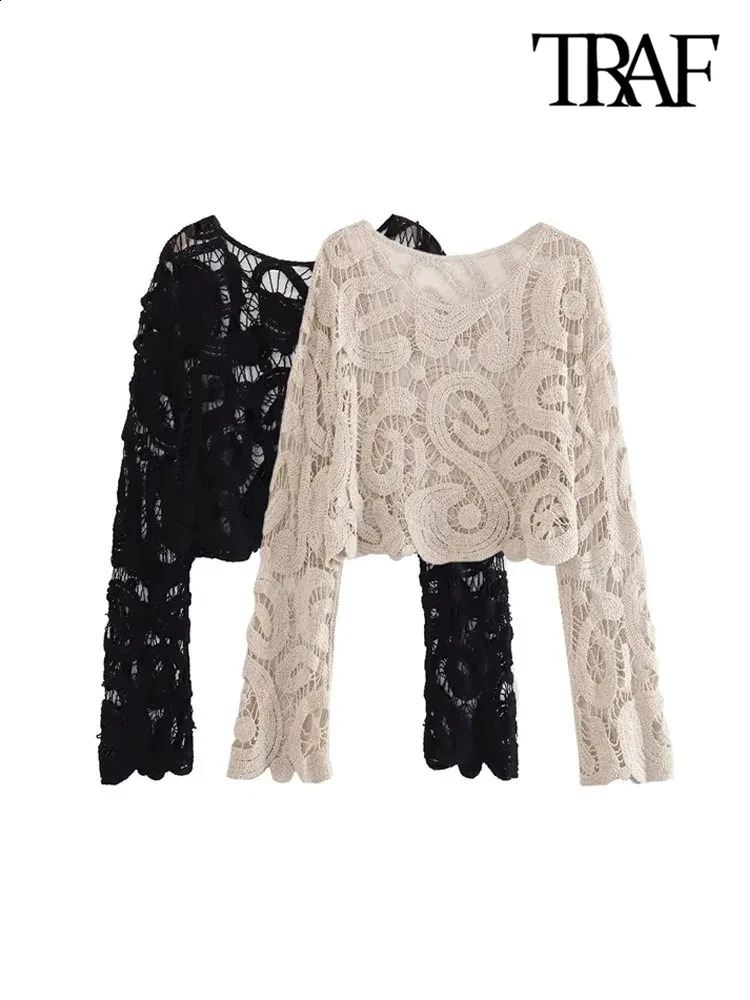 TRAF womens fashionable cut semi wool crochet knitted sweater sexy Oneck long sleeved floral top 240819