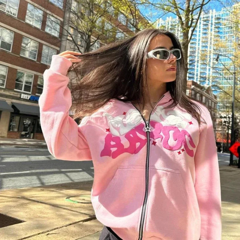 Euramerican Street Y2k Letter Printing Zipper Hoodie Man Oversized Cotton Loose Multiple Colors Hip-hop Trend Couple Sweatshirt 240819