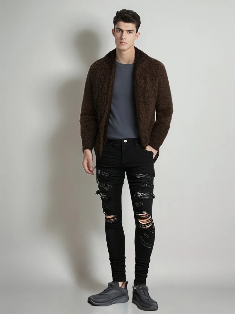 Mens punk embroidered snake decal skin leather perforated jeans street hiphop ner ripped fashion ultrathin black pants 240819