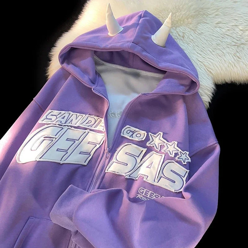 Harajuku Devil Horn Alphabet Star Print Sportswear Mens and Womens Hoodies Loose Hoodies Y2K Mens and Womens Street Wear 240814