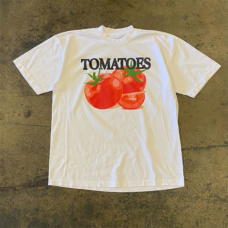 Man Vintage Oversized Short Sleeve Shirt Women Hip Hop Tomato Print T-shirt Streetwear Y2k Clothes Loose Tee Aesthetic Clothing 240819