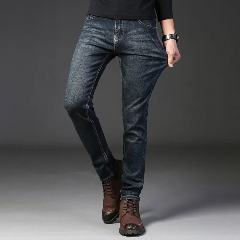 jeans mens winter season regular straight leg pants elastic slim fit casual 240819