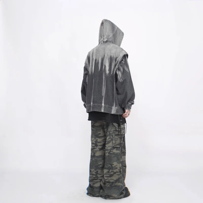 Y2K High Street Hooded Denim Jacket Mens Spring Tie Dye Gradient Retro Cowboy Hoodie Zipper Loose Unisex Bomber Coats 240819