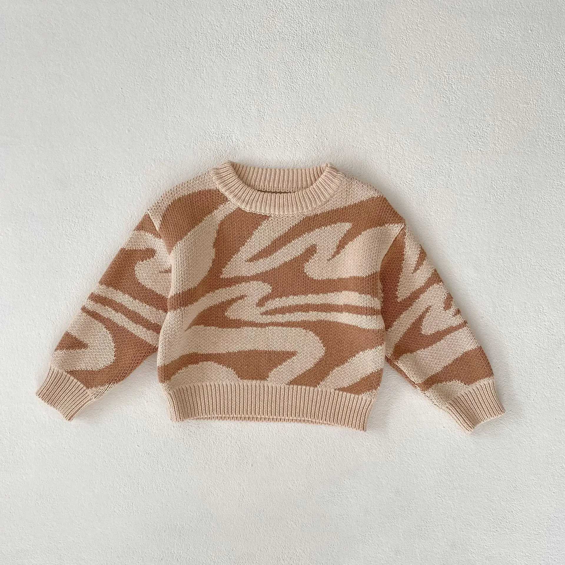 Fashion Autumn Baby Girls Knitted Sweaters Brown Irregular Pattern Print Pullover Shirts Warm Kids Tops Tees OutwearsXJ240819