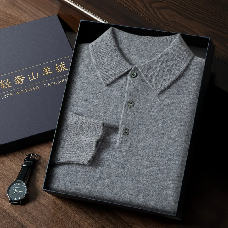 MVLYFLRT Mens Polo Shirt Long Sleeve 100% Cashmere Knitted Pullover Solid Color Sweater Casual Business Office PL-2312 240820