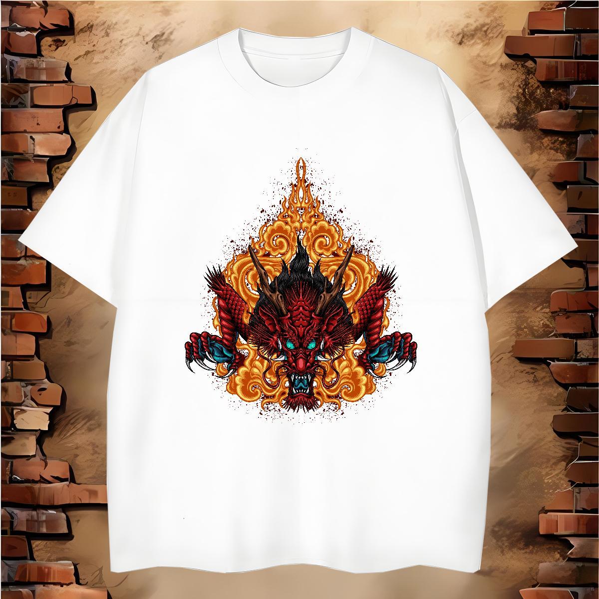 Mens T Shirts 100% Cotton 230g dragon head Summer Casual Breathable Short Sleeve Floral Print Mens Tshirts Fashion Designer Soft Tee Shirt
