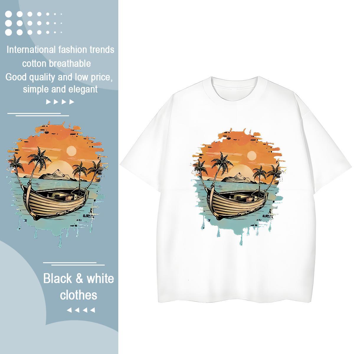 New Mens Tshirts boat Daily Outfit 230g 100% Cotton Tees Breathable Short Sleeve Popular T-Shirts Black Oversized