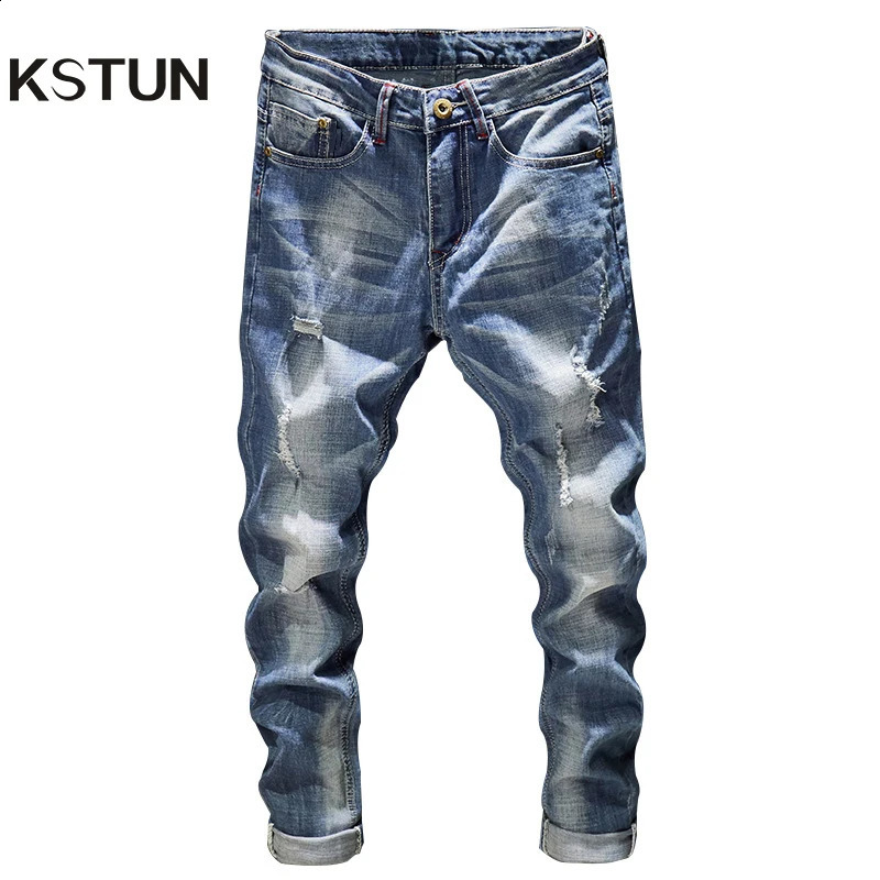 Ripped Jeans Men Slim Fit Light Blue Stretch Fashion Streetwear Frayed Hip Hop Distressed Casual Denim Jeans Pants Male Trousers 240819