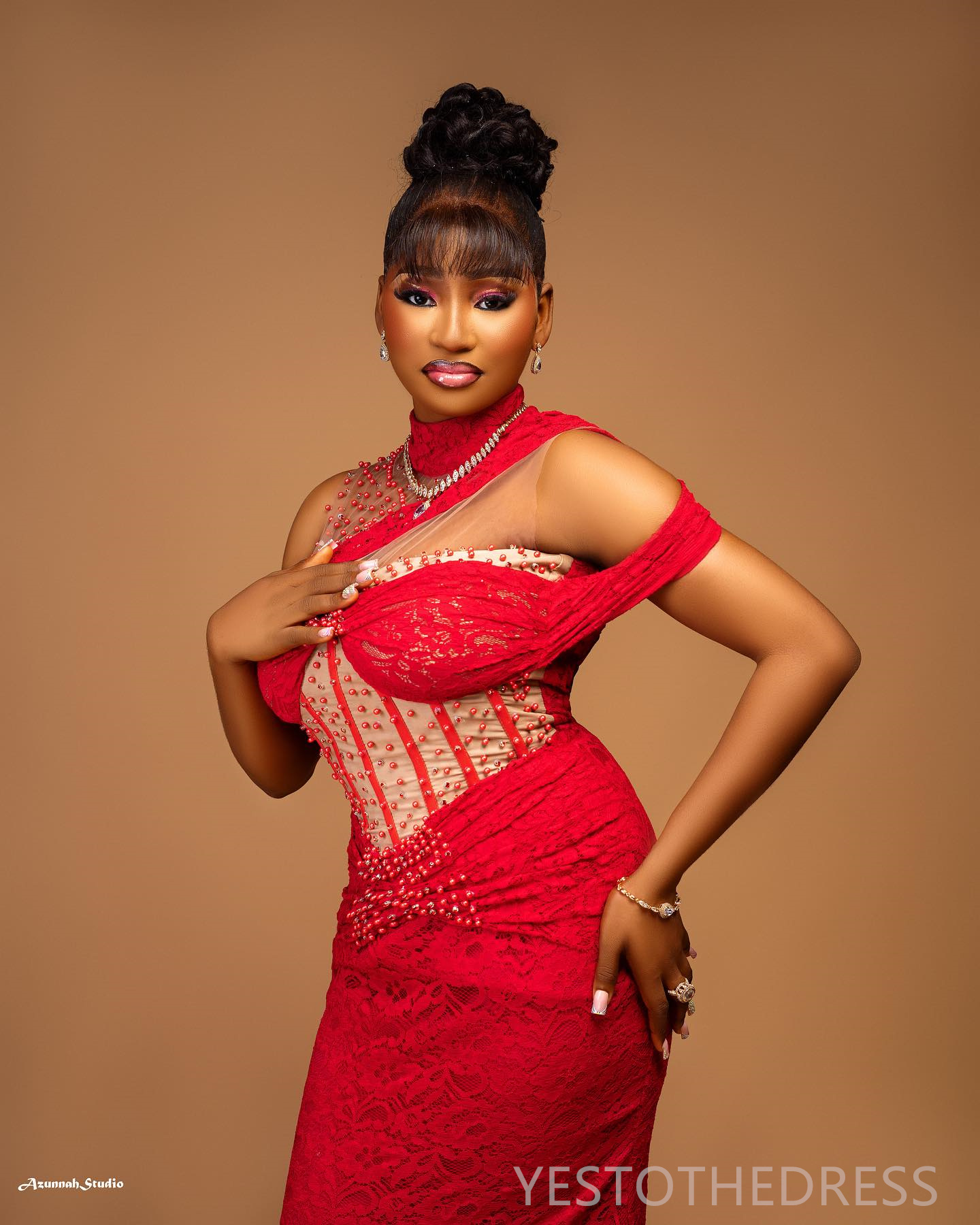 R&W 2024 Aso Ebi Red Prom For Special Ocns Evening Dresses Elegant Illusion Promdress High Neck Mermaid Beaded Lace Birthday Dress Reception Gowns AM1