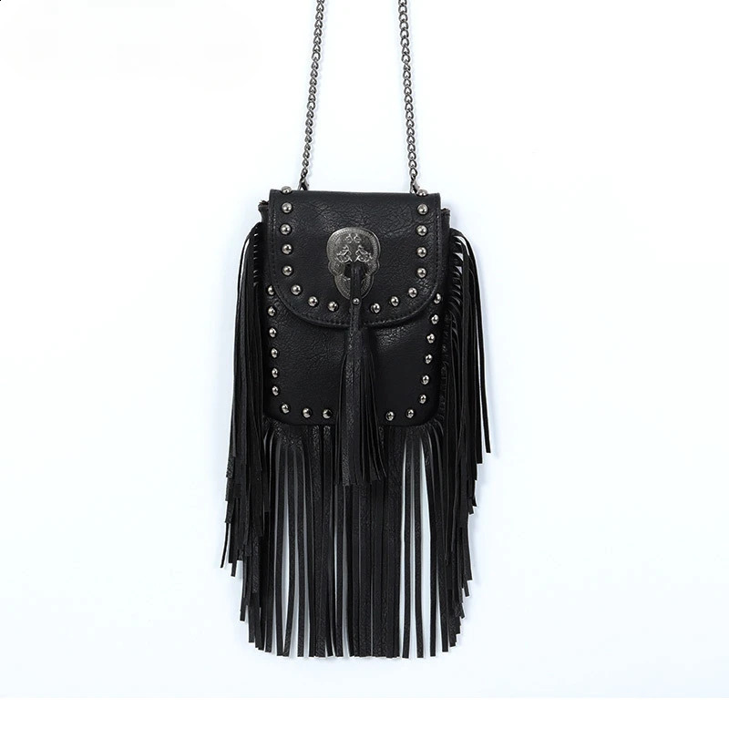 1 piece of European and American fashion soft leather rivet tassel bag chain shoulder cross small bag womens bag 240820