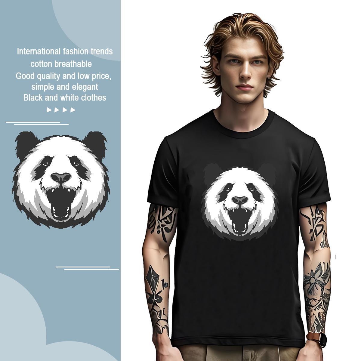 Comfortable T Shirt For Man panda Round Neck Short Sleeve Sports Casual Black White 230g Pure Cotton Men Tshirts 2024 New Tee Shirt