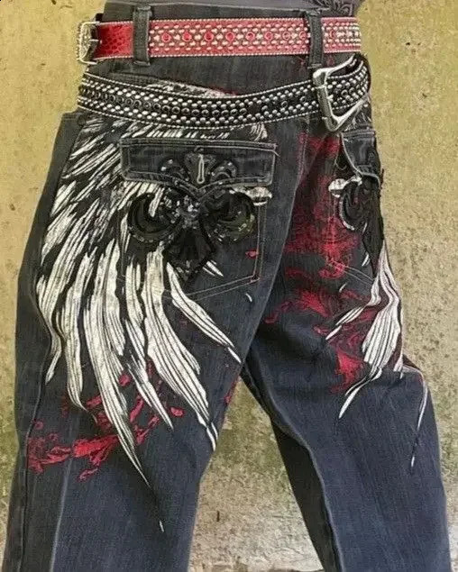 Y2K Jeans Men Harajuku Retro Gothic Wing Embroidery Baggy Jeans Vintage Jeans Punk Hip Hop Gothic Wide Leg Pants Street Wear 240819