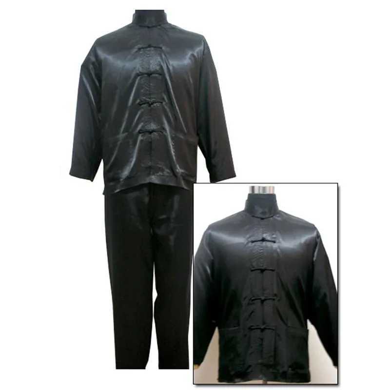 Black Chinese style mens satin pajama set with innovative buttons casual pajama set long sleeved shirt and pants S M L XL XXLW240719