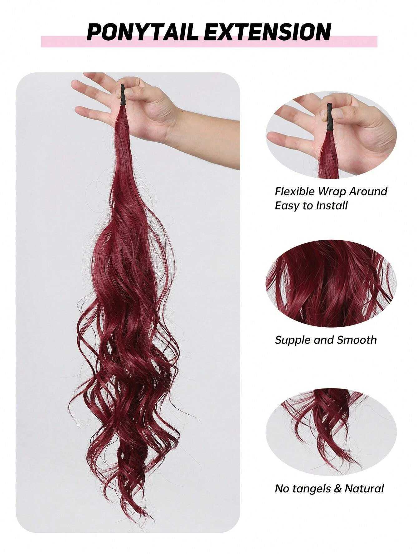 Wine red long wave synthetic ponytail flexible wrapping around hair extends womens daily fake hair party Lolita wig heat-resistant W240817