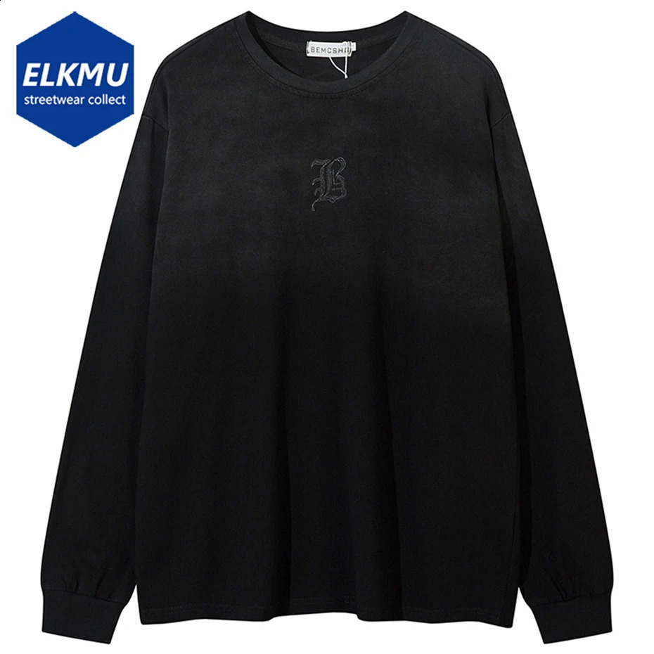 Streetwear Hip Hop Long Sleeve T-shirt Letter Embroidery Loose Black Tee Tops Men Washed Vintage Harajuku Oversized T Shirt Y2K 240820
