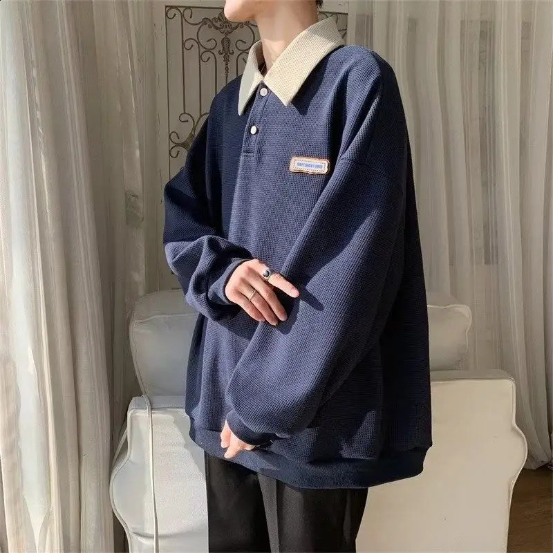 2024 Solid Polo Long Sleeve Vintage Men T Shirts Fashion Casual Oversized Korean Harajuku Tops Spring Fall Thin Clothes 240819