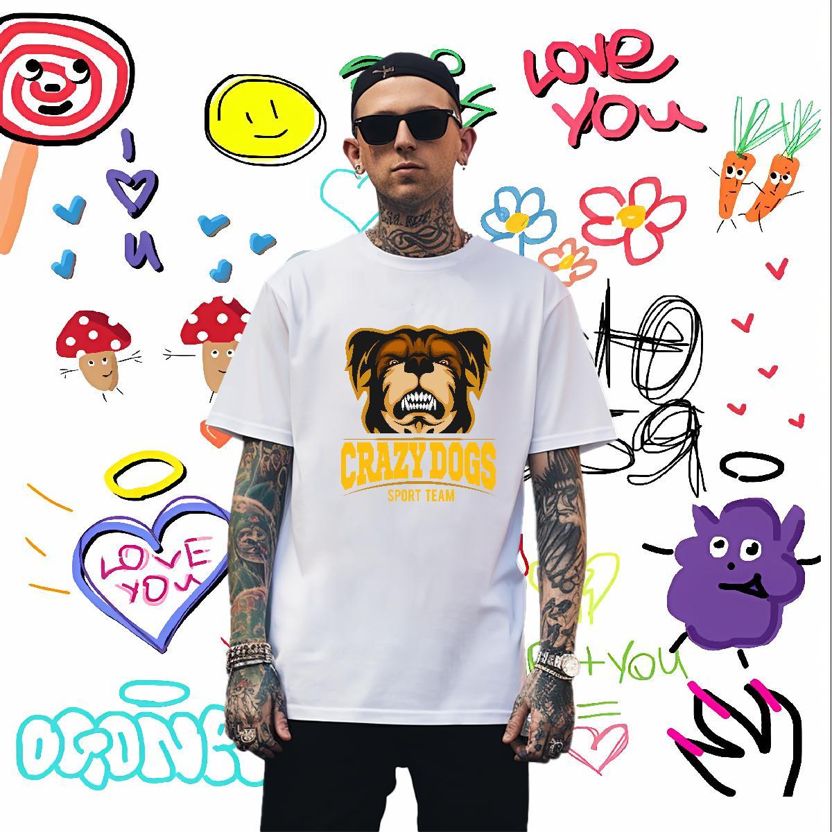 Cool T-Shirts crazy dog Crew Neck Breathable Street Wear Custom Print Oversized 230g 100% Cotton Mens Tshirts 2024 DIY Clothings