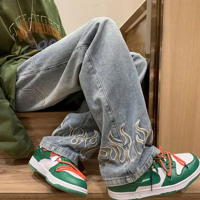 Man Cowboy Pants Graphic Trousers Wide Leg Mens Jeans Embroidery Black Clothes Y2k 2000s Comfortable Summer Denim Stacked Xs 240819