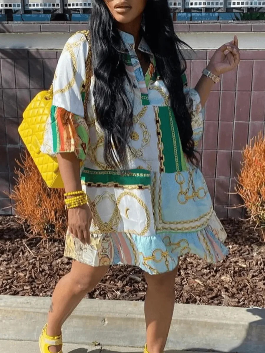 LW Plus Size dresses Chain Print A Line Loose Dress V-Neck Half Sleeve Casual Fashion Summer Female Loose Ladies Vestidos 240819
