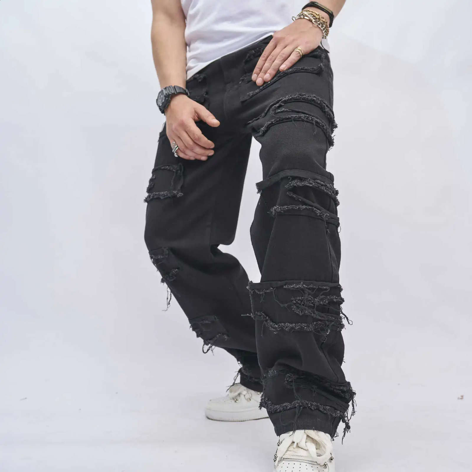 European And Emerican Black Men Jeans Slim Y2K Streetwear Wide Leg Straight Hip Hop Punk Style Stacked Trousers 240819