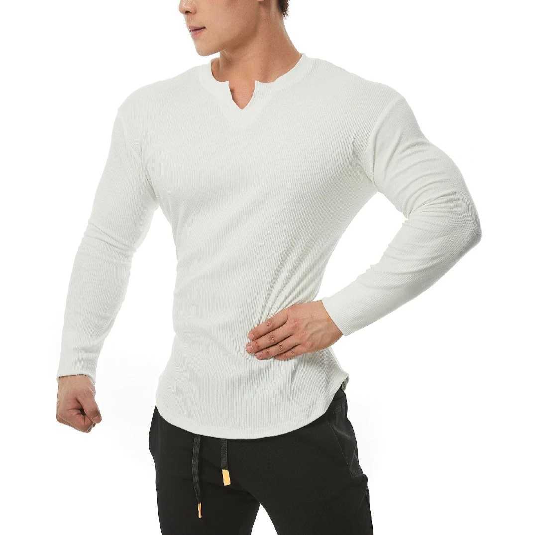2024 Sports Long sleeved T-shirt Mens V-neck Tight Moisture wicking High Elastic Ironing Training Running and Fitness BottomXJ240819
