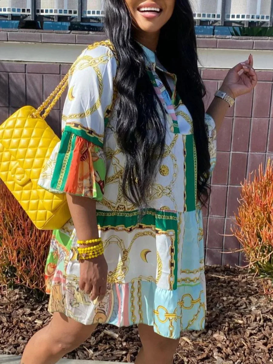 LW Plus Size dresses Chain Print A Line Loose Dress V-Neck Half Sleeve Casual Fashion Summer Female Loose Ladies Vestidos 240819