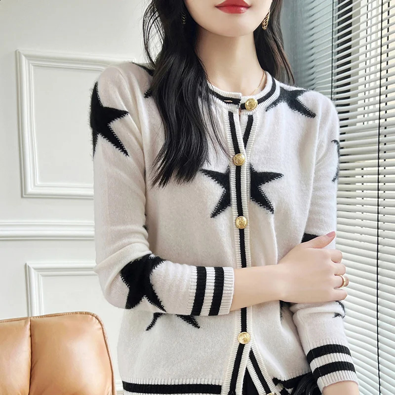 Autumn and Winter 100% Wool Womens Clothing Fashion Round Neck Knitted Open Collar Casual Loose Embroidered Top Long Sleeve Sweater 240819