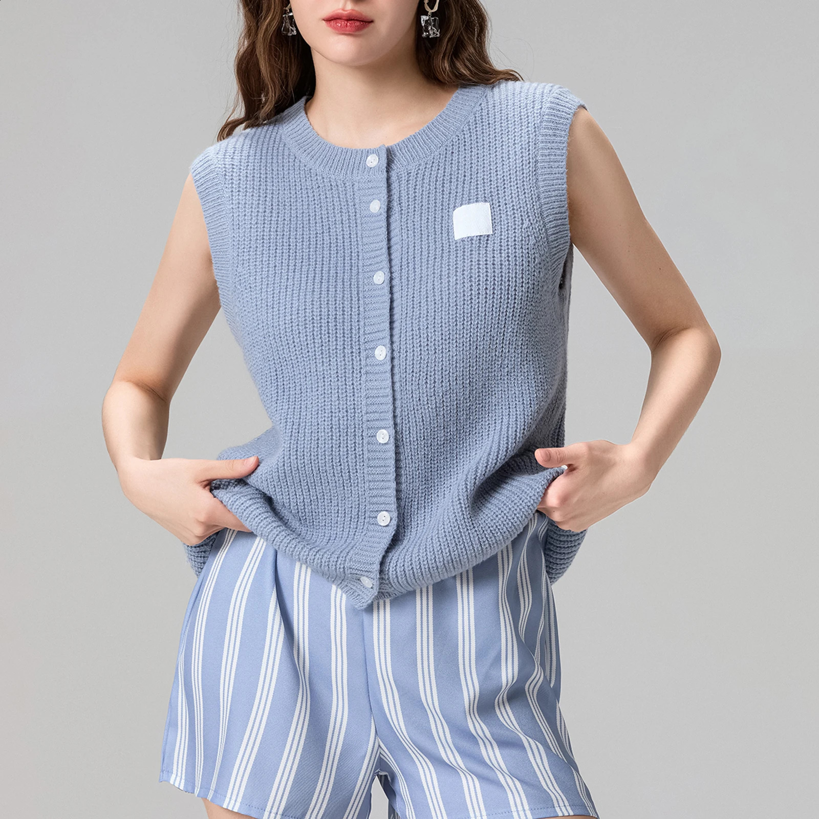 Womens Kawaii Knitted Tank Top Casual Summer Solid Color Button Front Basic Sleeveless Dress 240819