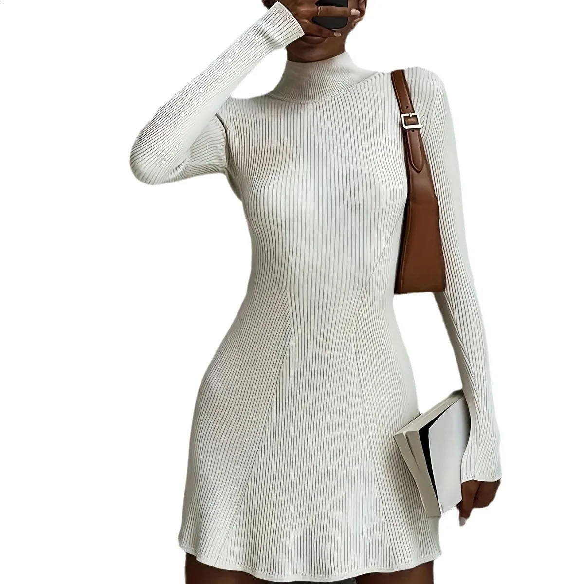 slimming long sleeved knitted dress for womens solid color tight fitting European and American sexy buttocks skirt 240819