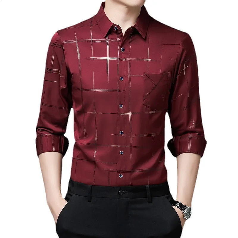 Argyle Mens Dress Shirts MaleHigh Quality Long Sleeve Slim BusinessCasual Shirt Turn Down Collar Stripes Single-preasted 240820