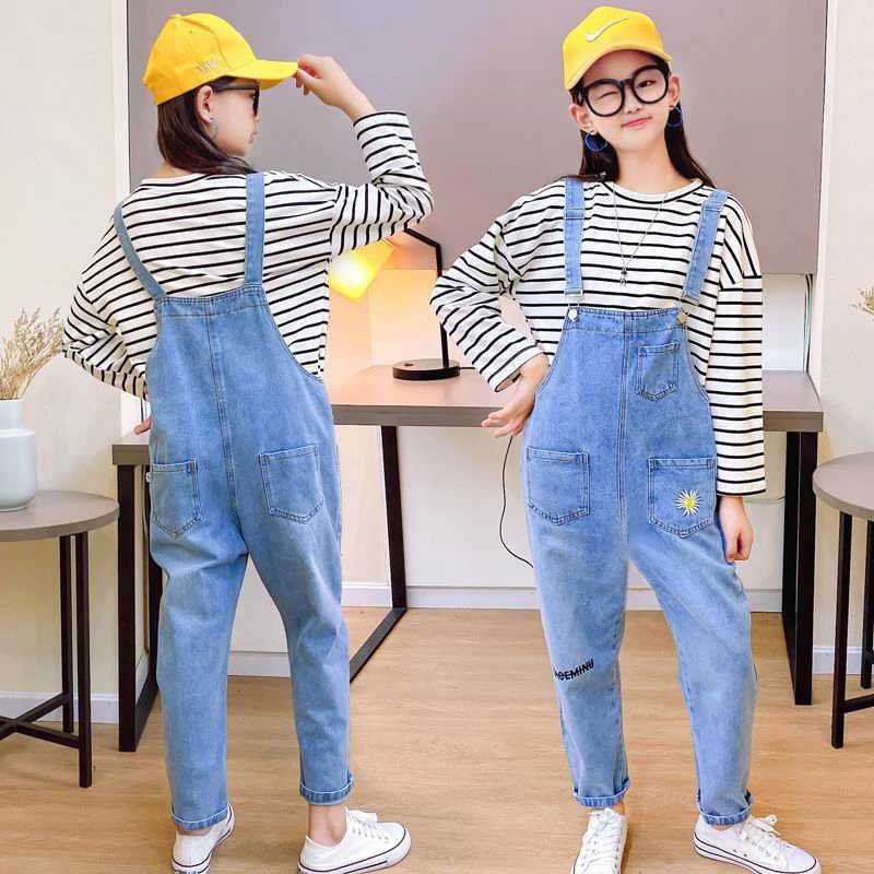 Embroidered denim jeans jumpsuit girls childrens long pants girls game set one-piece for ages 4 5 6 7 8 9 10 11 and 12 W240806